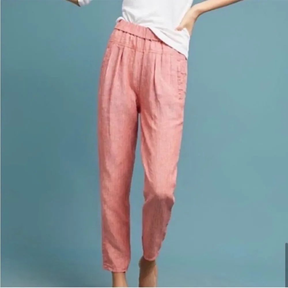 Anthropologie Striped High Rise Cropped Linen Pants Womens‎ XS Coral Pink